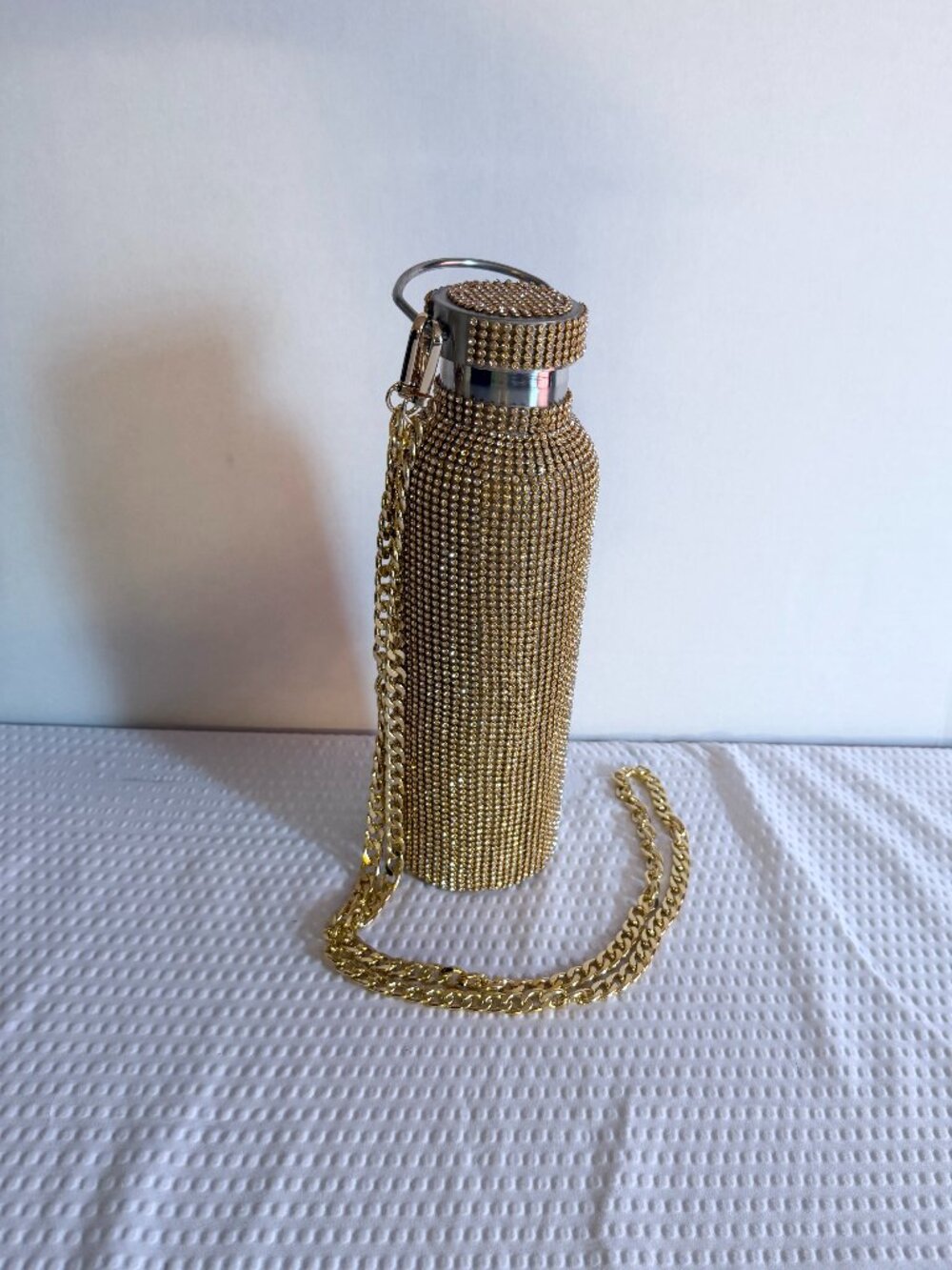 Gold Rhinestone Bedazzled Luxury Water Bottle W/Gold-Tone Chain Carry Strap